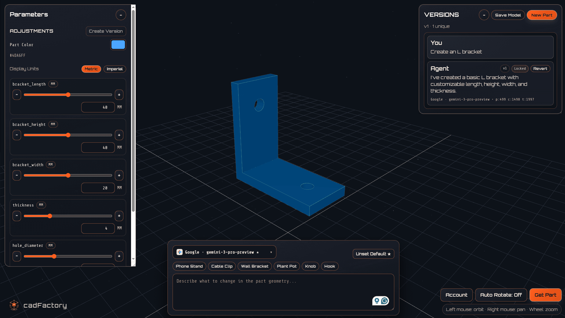 cadfactory.ai parametric CAD generation interface